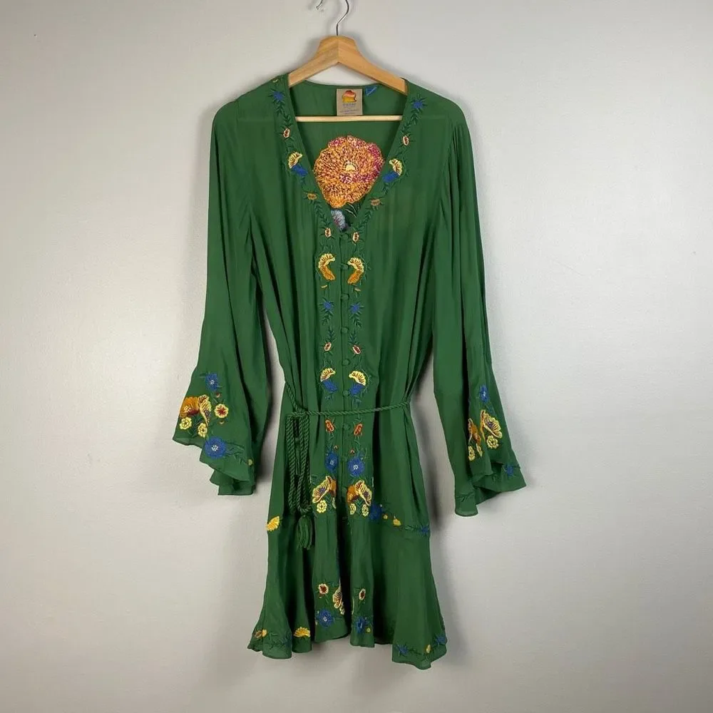 Farm Rio Jessalyn Embroidered Floral Belted Dress Green - Picture 3 of 12